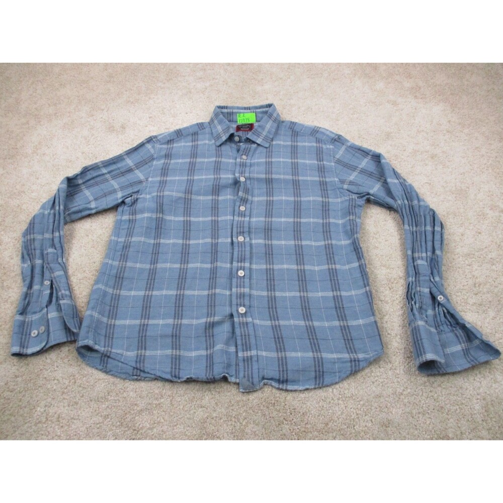 UNTUCKit Shirt Men Medium M Blue Plaid Cotton Linen Blend Casual Button Up